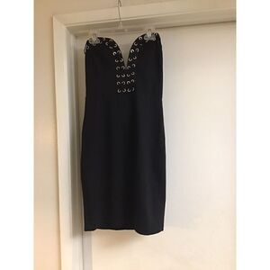 NWOT~Forever 21 Black & Silver Grommet Lace Up Bodice Strapless Mini Dress Sz L